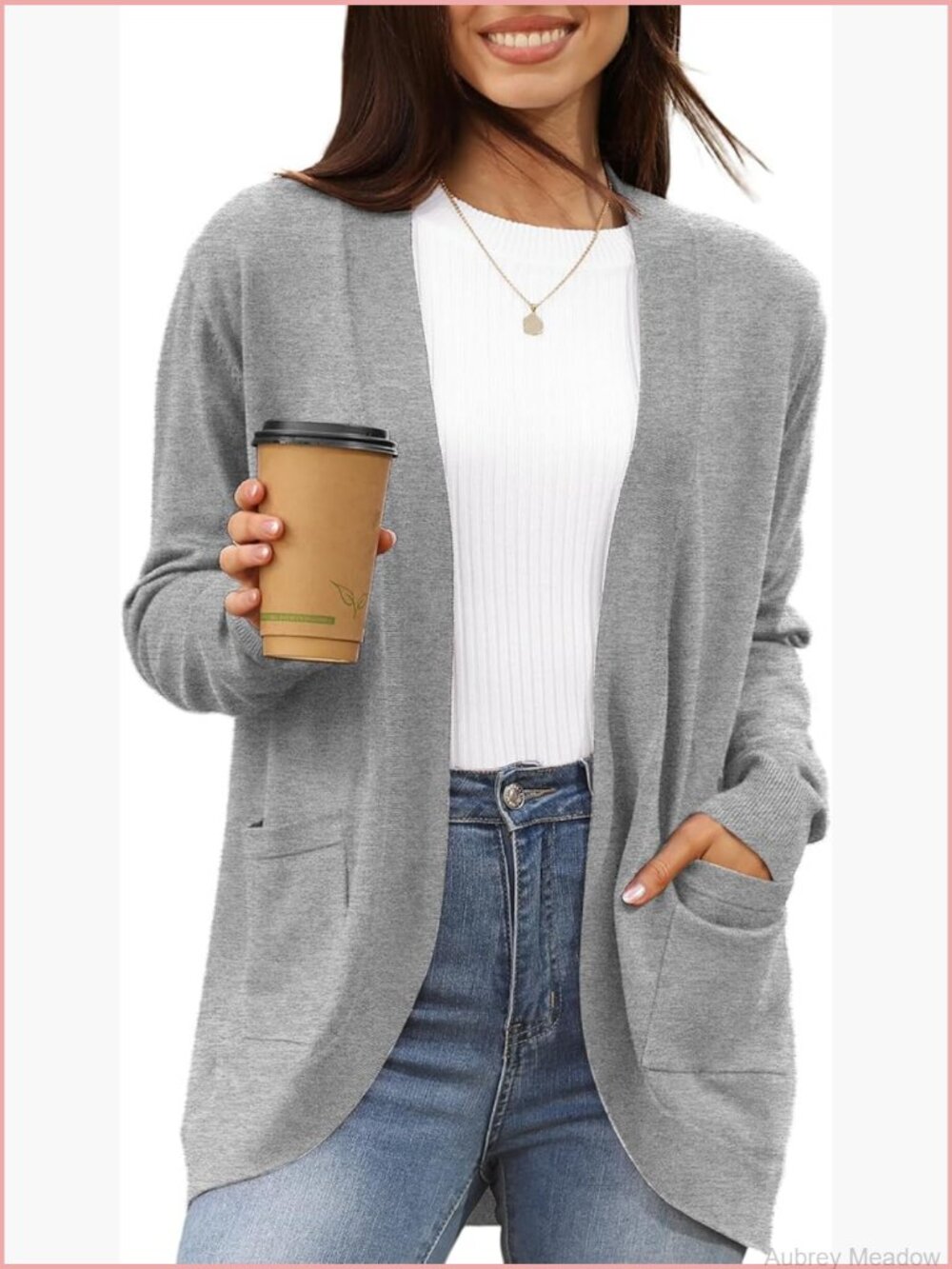 Long Sleeve Knit Cardigan Open Front Curved Hem with Pockets